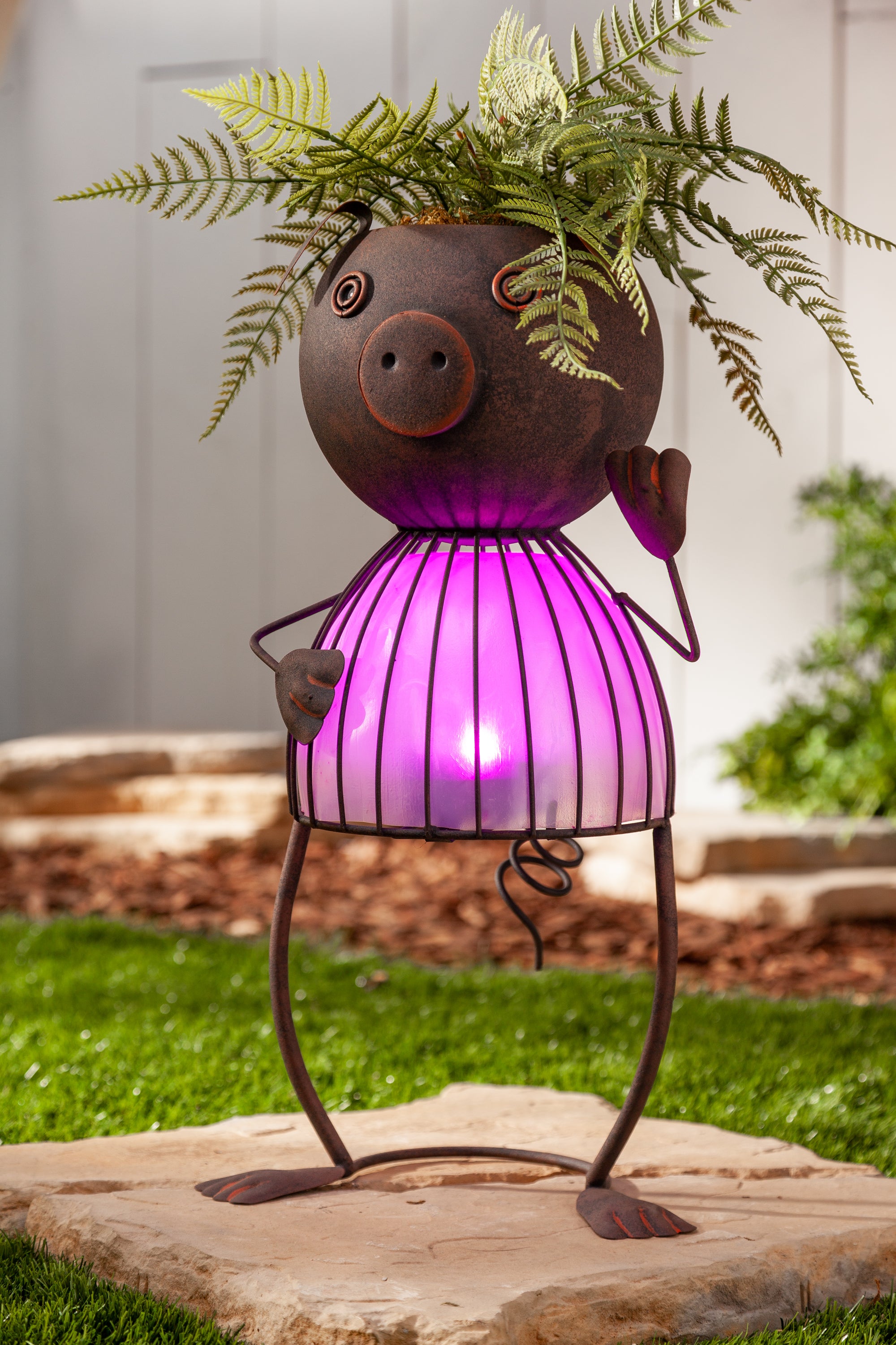 20.87 Inch Pink Solar Garden Metal Pig Planter